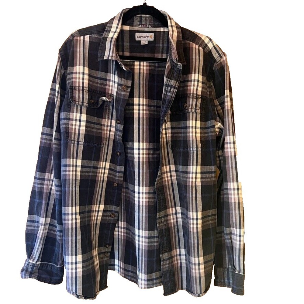 Carhartt Black Blue‎ Plaid Denim Shirt Men's Large Button-up Long Sleeve Chore